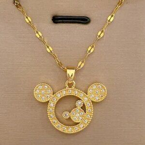 18k Gold Plated Stainless Steel Zircon Stone Mickey Mouse Pendant and Lip Chain